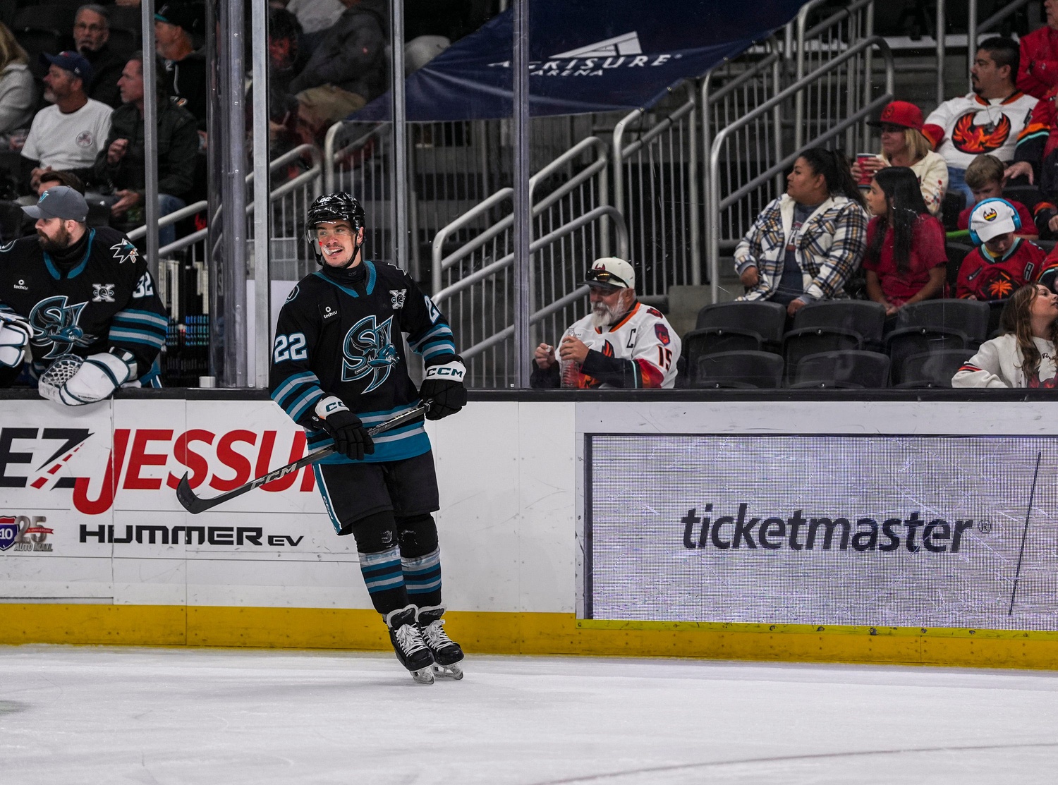 San Jose forward Andrew Poturalski celebrates scoring a goal to give the Barracuda a 2-1 lead during the first period of their game at Acrisure Arena in Palm Desert, Calif., Wednesday, Dec. 18, 2024.