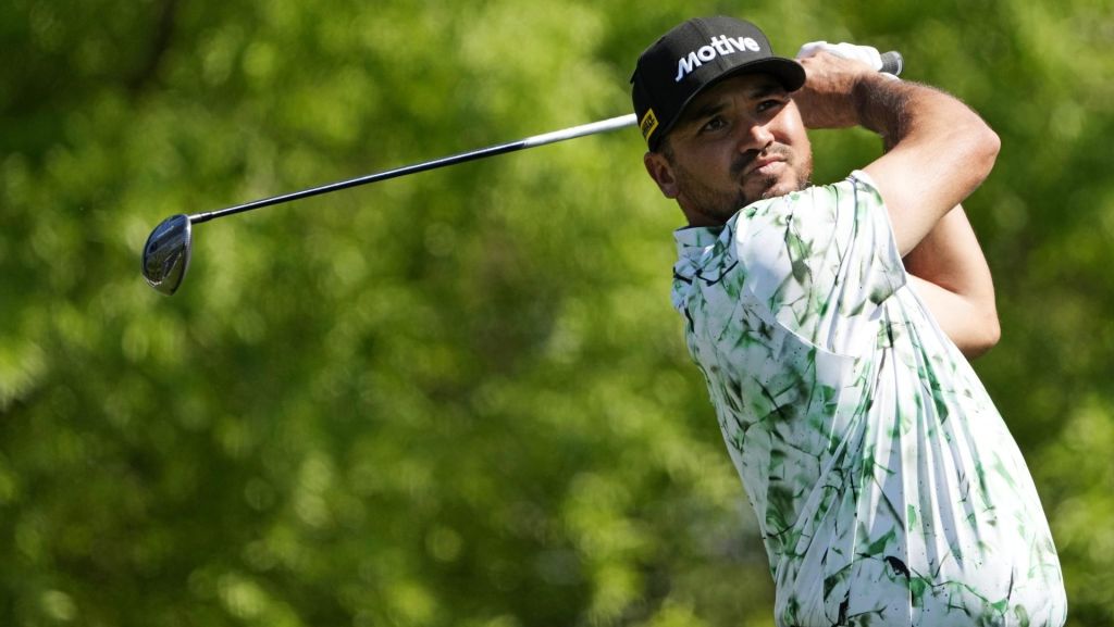 Apr 10, 2025; Augusta, Georgia, USA; Jason Day plays his shot from the fifth tee during the first round of the Masters Tournament