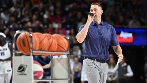Oct 4, 2025; Spokane, WA, USA; ESPN college basketball analyst Sean Farnham emcees during Numerica Kraziness in the Kennel at the McCarthey Athletic Center