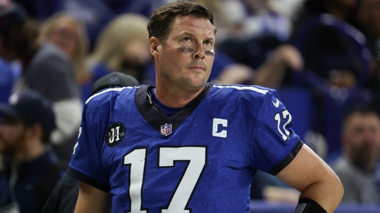Dec 22, 2025; Indianapolis, Indiana, USA; Indianapolis Colts quarterback Philip Rivers (17) looks on in the second quarter of the game against the San Francisco 49ers at Lucas Oil Stadium. Mandatory Credit: Trevor Ruszkowski-Imagn Images