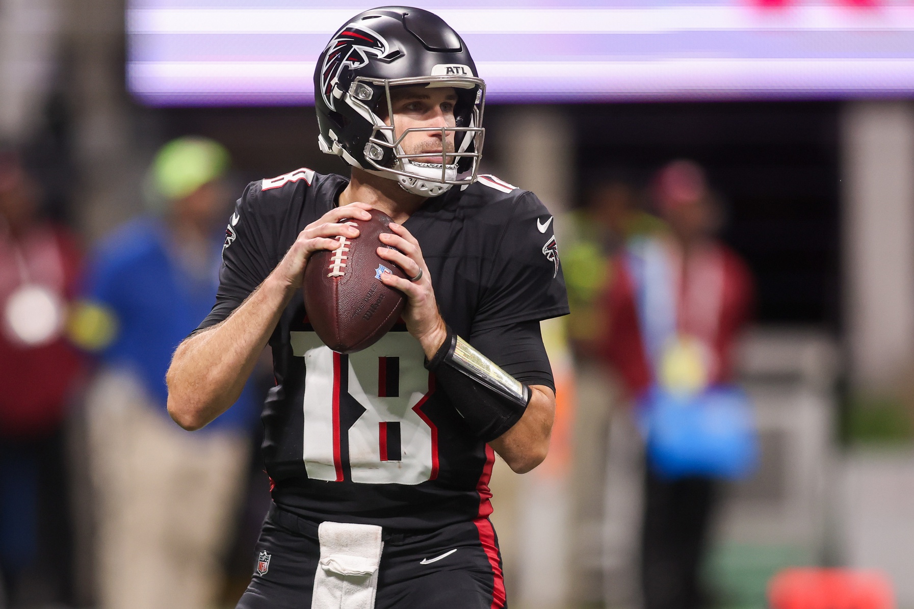 Jan 4, 2026; Atlanta, Georgia, USA; Atlanta Falcons quarterback Kirk Cousins (18) throws a pass against the New Orleans Saints in the first quarter at Mercedes-Benz Stadium.
