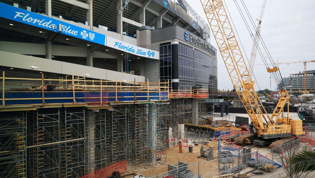 Construction on the Northwest corner of EverBank Stadium continues with construction during a press conference at the Miller Electric Center, Wednesday, Jan. 14, 2026, in Jacksonville, Fla.