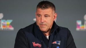 Feb 5, 2026; Santa Clara, CA, USA; New England Patriots head coach Mike Vrabel talks to media members at the Santa Clara Marriott. Mandatory Credit: Darren Yamashita-Imagn Images