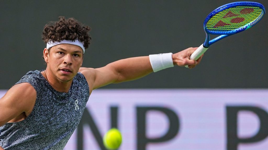 Ben Shelton keeps his eyes on the ball during his second-round match against Reilly Opelka at the BNP Paribas Open in Indian Wells, Calif., Friday, March 6, 2026.