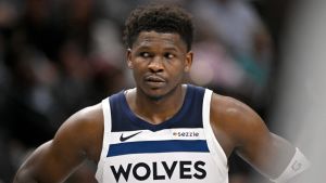 Mar 30, 2026; Dallas, Texas, USA; Minnesota Timberwolves guard Anthony Edwards (5) looks on during the second half against the Dallas Mavericks at the American Airlines Center.