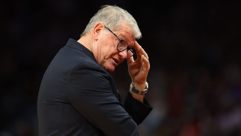 Apr 3, 2026; Phoenix, AZ, USA; UConn Huskies head coach Geno Auriemma reacts during the second half of a semifinal of the Final Four of the women's 2026 NCAA Tournament against the South Carolina Gamecocks at Mortgage Matchup Center