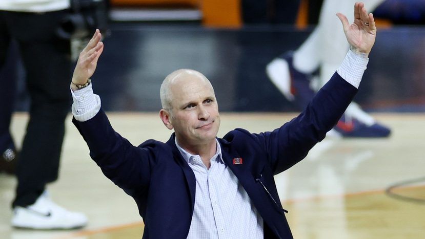 Apr 4, 2026; Indianapolis, IN, USA; UConn Huskies head coach Dan Hurley celebrates after defeating the Illinois Fighting Illini in a semifinal of the Final Four of the men's 2026 NCAA Tournament at Lucas Oil Stadium. Mandatory Credit: Trevor Ruszkowski-Imagn Images