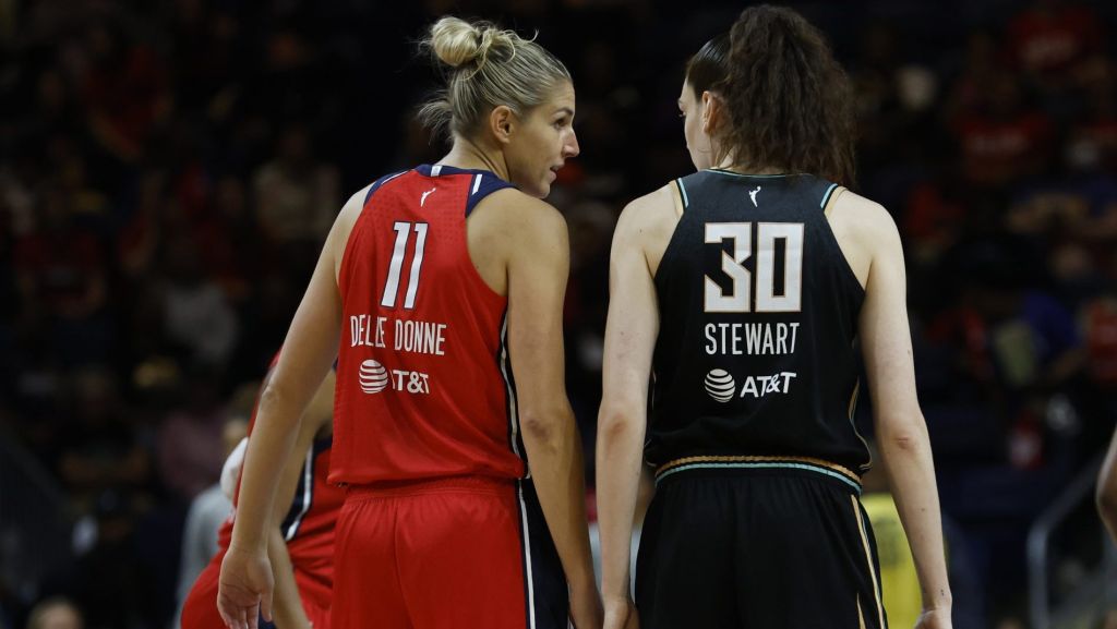 May 19, 2023; Washington, District of Columbia, USA; Washington Mystics forward Elena Delle Donne (11) talks with New York Liberty forward Breanna Stewart (30) prior to the opening tip-off at Entertainment & Sports Arena.