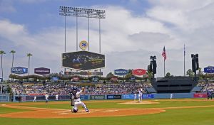 Apr 30, 2025; Los Angeles, California, USA; General view of the field during the game between the Los Angeles Dodgers and the Miami Marlins at Dodger Stadium.