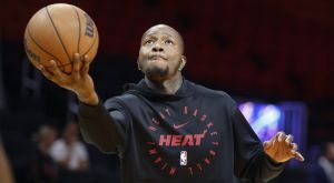 Mar 3, 2025; Miami, Florida, USA; Miami Heat guard Terry Rozier (2) warms up prior to the game against the Washington Wizards at Kaseya Center.
