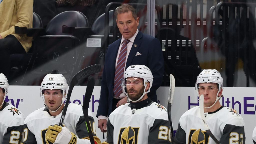 Nov 20, 2025; Salt Lake City, Utah, USA; Vegas Golden Knights head coach Bruce Cassidy watches play against the Utah Mammoth during the third period at Delta Center