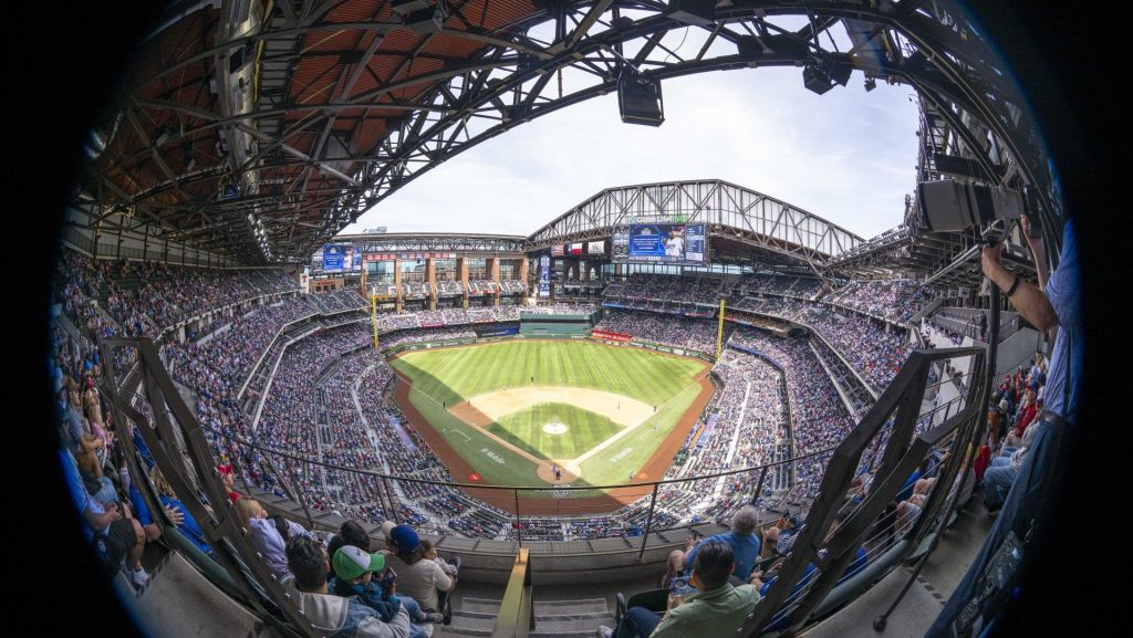 Apr 5, 2026; Arlington, Texas, USA; A view of the ballpark and field and fans during the game between the Texas Rangers and the Cincinnati Reds at Globe Life Field
