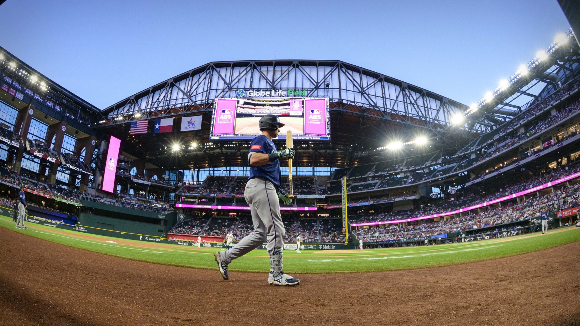 Apr 6, 2026; Arlington, Texas, USA; Seattle Mariners catcher Cal Raleigh (29) walks to the on deck circle during the game against the Texas Rangers at Globe Life Field