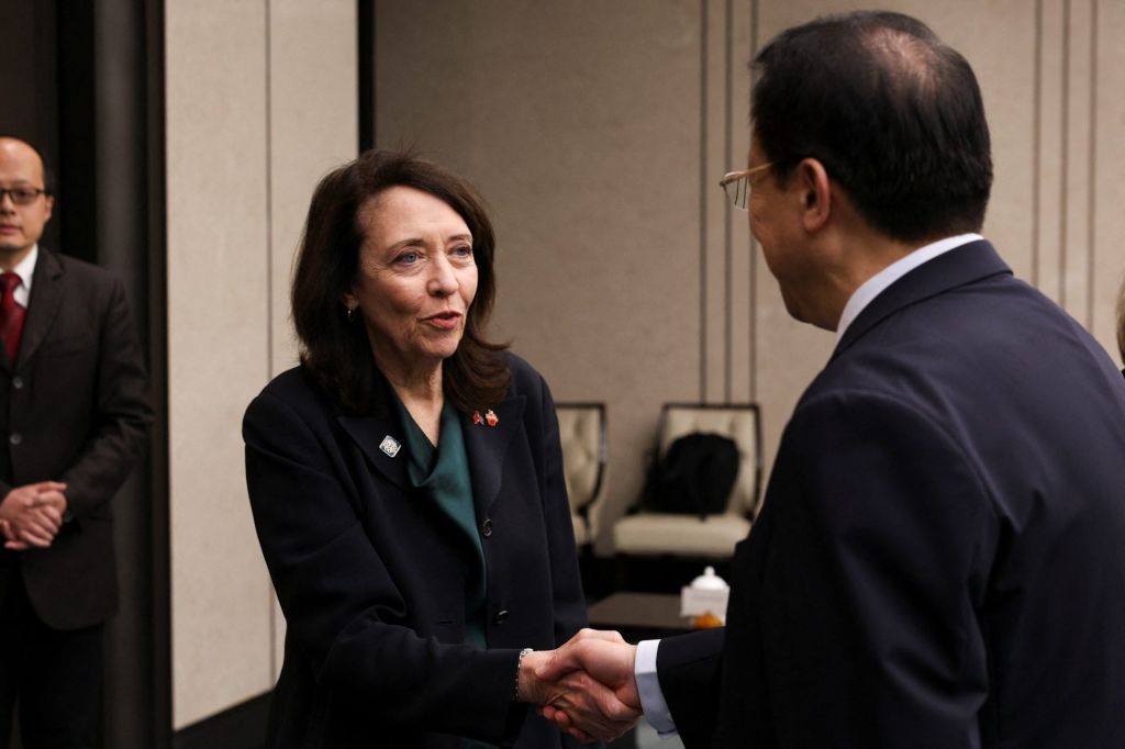 U.S. Senator Maria Cantwell (D-WA) shakes hands with Shanghai Mayor Gong Zheng during a U.S. congressional delegation's visit in Shanghai, China, May 5, 2026.
