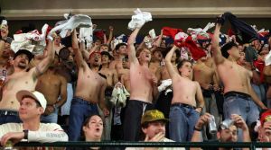 May 23, 2026; Anaheim, California, USA; Fans participate in a tarp off during a MLB game between the Los Angeles Angels and the Texas Rangers at Angel Stadium