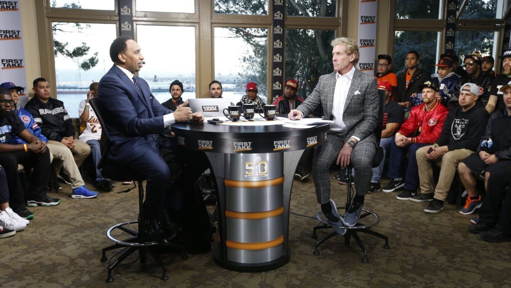 San Francisco, CA - February 5, 2016- The GeneralÕs Residence at Fort Mason: Stephen A. Smith and Skip Bayless on the remote set of First Take during coverage for Super Bowl 50.(Photo by Tony Avelar / ESPN Images)