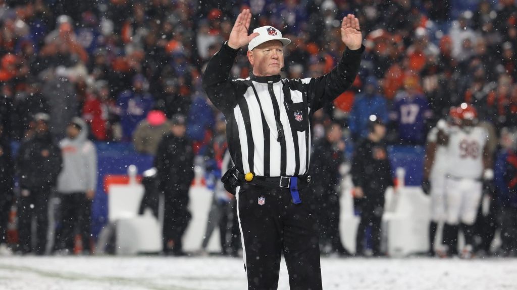 NFL Referee Carl Cheffers signals a penalty during the Buffalo Bills game against the Cincinnati Bengals at home in Orchard Park on Jan. 22.
