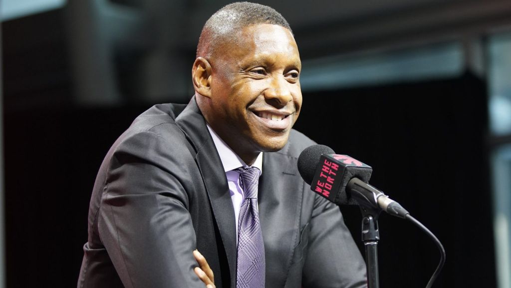 Sep 30, 2024; Toronto, Ontario, Canada; Toronto Raptors vice chairman and team president Masai Ujiri talks to the media during media day at Scotiabank Area. Mandatory Credit: John E. Sokolowski-Imagn Images