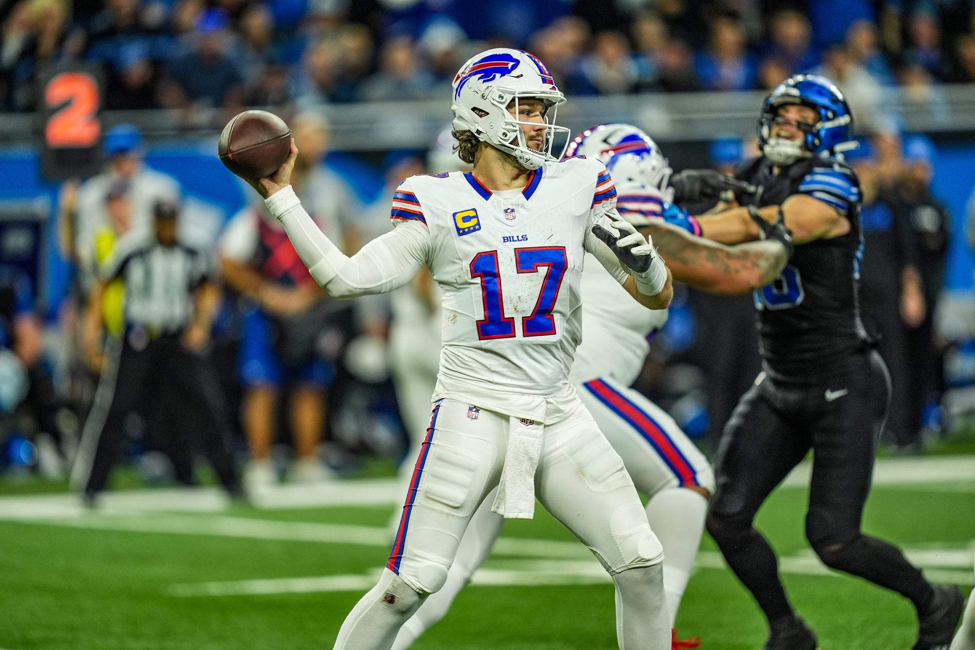 Buffalo Bills quarterback Josh Allen (17) throws the ball during the second half at Ford Field in Detroit on Sunday, Dec. 15, 2024. Allen threw for 362 yards and two touchdowns in the Bills 48-42.