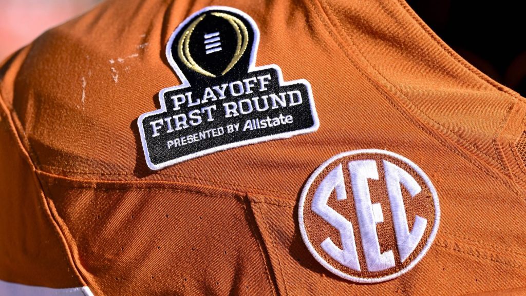 Dec 21, 2024; Austin, Texas, USA; A view of the CFP logo and SEC logo before the game between the Texas Longhorns and the Clemson Tigers in the CFP National Playoff First Round at Darrell K Royal-Texas Memorial Stadium. Mandatory Credit: Jerome Miron-Imagn Images