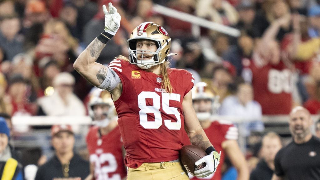 December 30, 2024; Santa Clara, California, USA; San Francisco 49ers tight end George Kittle (85) celebrates a first down against the Detroit Lions during the fourth quarter at Levi's Stadium. Mandatory Credit: Kyle Terada-Imagn Images