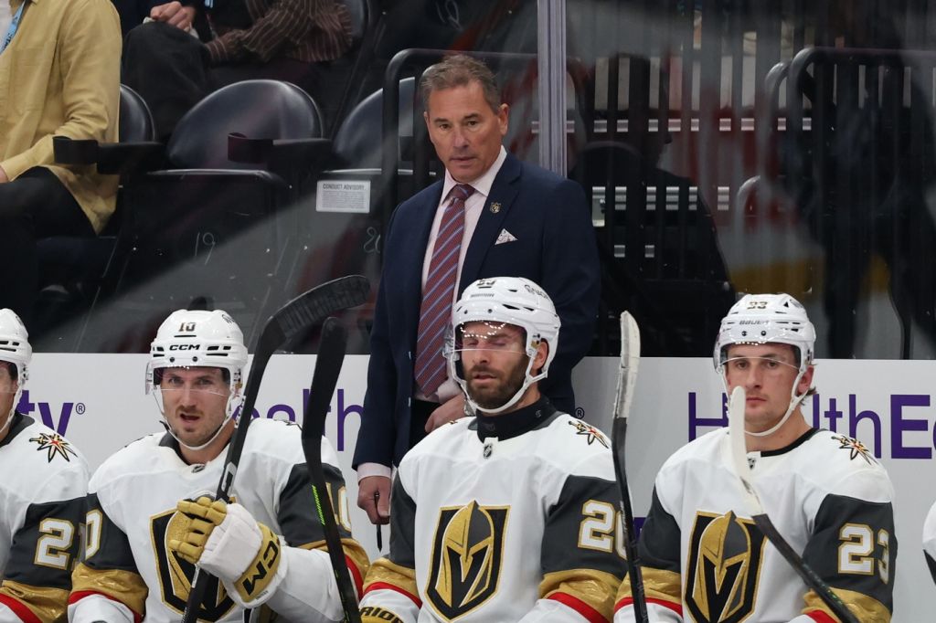 Nov 20, 2025; Salt Lake City, Utah, USA; Vegas Golden Knights head coach Bruce Cassidy watches play against the Utah Mammoth during the third period at Delta Center.