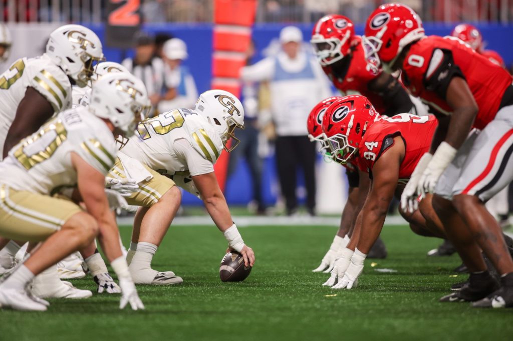 Nov 28, 2025; Atlanta, Georgia, USA; A general view of the the line of scrimmaged during a game between the Georgia Tech Yellow Jackets and Georgia Bulldogs in the first quarter at Mercedes-Benz Stadium.