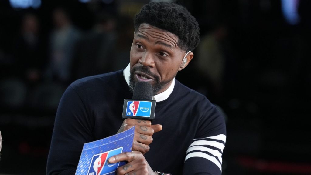 Dec 13, 2025; Las Vegas, Nevada, USA; NBA on Amazon studio analyst Udonis Haslem during the NBA Cup semifinals at T-Mobile Arena. Mandatory Credit: Kirby Lee-Imagn Images