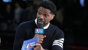 Dec 13, 2025; Las Vegas, Nevada, USA; NBA on Amazon studio analyst Udonis Haslem during the NBA Cup semifinals at T-Mobile Arena. Mandatory Credit: Kirby Lee-Imagn Images