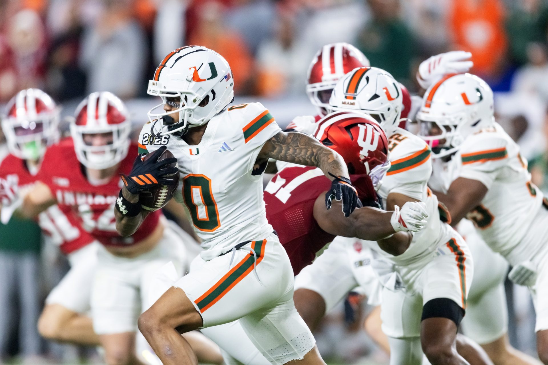 Jan 19, 2026; Miami Gardens, FL, USA; Miami Hurricanes wide receiver Malachi Toney (10) against the Indiana Hoosiers during the College Football Playoff National Championship game at Hard Rock Stadium.