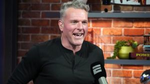 Feb 6, 2026; San Francisco, CA, USA; Pat McAfee on the Pat McAfee Show set at the Super Bowl LX media center at the Moscone Center. Mandatory Credit: Kirby Lee-Imagn Images