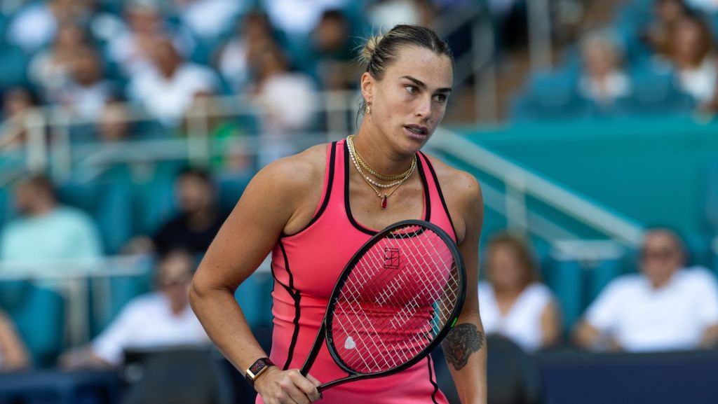Mar 28, 2026; Miami Gardens, FL, USA; Aryna Sabalenka of Belarus reacts during her match against Coco Gauff of the United States in the final of the women’s singles at the Hard Rock Stadium.