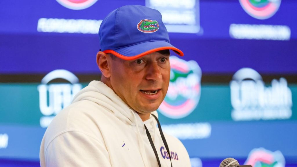 Florida head coach Jon Sumrall speaks after spring practice at Sanders Practice Fields in Gainesville, FL on Tuesday, April 7, 2026. [Alan Youngblood/Gainesville Sun]