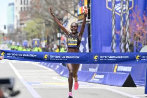 Apr 20, 2026; Boston, MA, USA; Sharon Lokedi (101) wins the women's division at the 130th running of the Boston Marathon.