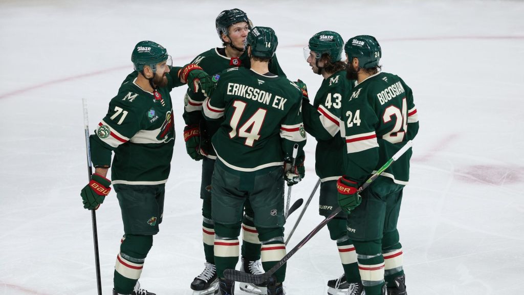 Apr 22, 2026; Saint Paul, Minnesota, USA; Minnesota Wild center Joel Eriksson Ek (14) celebrates his goal with teammates during the second period in game three of the first round of the 2026 Stanley Cup Playoffs against the Dallas Stars at Grand Casino Arena.