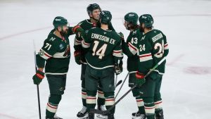Apr 22, 2026; Saint Paul, Minnesota, USA; Minnesota Wild center Joel Eriksson Ek (14) celebrates his goal with teammates during the second period in game three of the first round of the 2026 Stanley Cup Playoffs against the Dallas Stars at Grand Casino Arena.