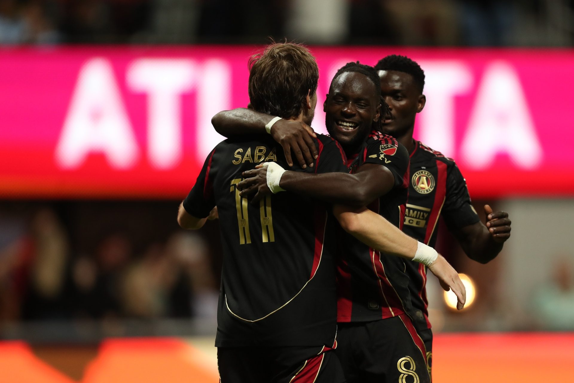 May 2, 2026; Atlanta, Georgia, USA; Atlanta United midfielder Saba Lobjanidze (11) reacts to his goal against the CF Montréal in the first half at Mercedes-Benz Stadium. Mandatory Credit