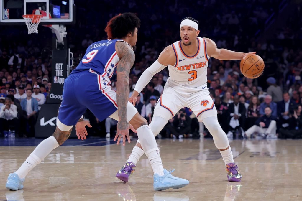 May 4, 2026; New York, New York, USA; New York Knicks guard Josh Hart (3) controls the ball against Philadelphia 76ers forward/guard Kelly Oubre Jr. (9) during the first quarter of game one of the eastern conference semifinal round of the 2026 NBA Playoffs at Madison Square Garden.
