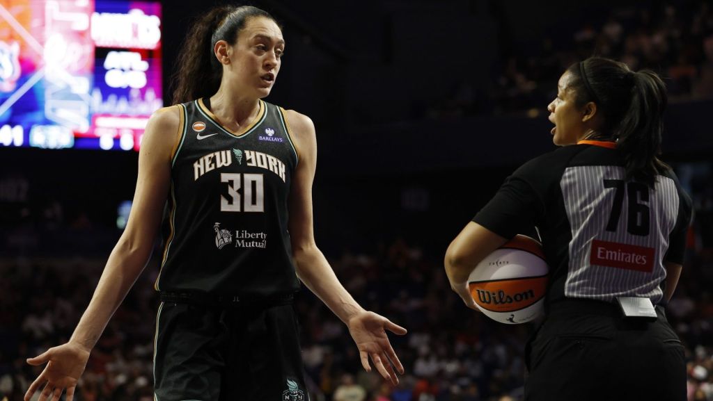 May 10, 2026; Washington, District of Columbia, USA; New York Liberty forward Breanna Stewart (30) argues a call with referee Toni Patillo (76) during a stoppage in play against the Washington Mystics in the second half at CareFirst Arena. Mandatory Credit: Geoff Burke-Imagn Images