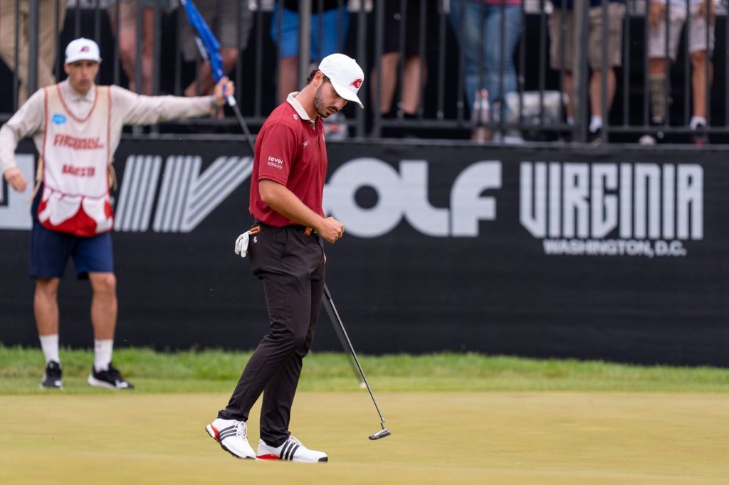 May 10, 2026; Sterling, Virginia, USA; Josele Ballester celebrates a putt during the final round of LIV Golf Virginia golf tournament at Trump National Golf Club.