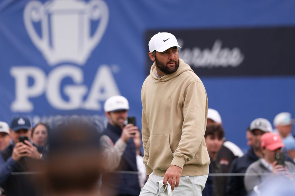 May 11, 2026; Newtown Square, Pennsylvania, Scottie Scheffler walks to the the eleventh hole during a practice round of the PGA Championship golf tournament at Aronimink Golf Club.
