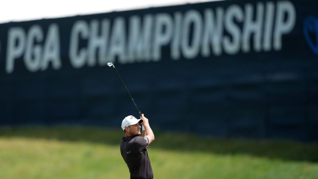 May 14, 2026; Newtown Square, Pennsylvania, USA; Emiliano Grillo plays his shot on the tenth hole during the first round of the PGA Championship golf tournament at Aronimink Golf Club. Mandatory Credit: James Lang-Imagn Images