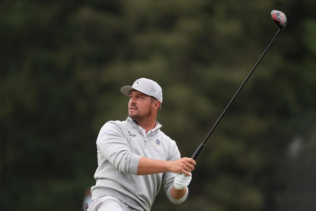 May 15, 2026; Newtown Square, Pennsylvania, USA; Bryson DeChambeau plays his shot on the seventh tee during the second round of the PGA Championship golf tournament.