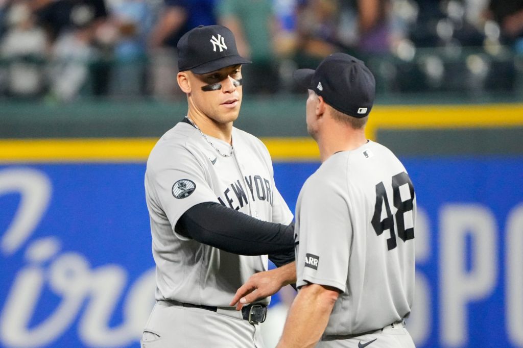 May 27, 2026; Kansas City, Missouri, USA; New York Yankees right fielder Aaron Judge (99) celebrates with first baseman Paul Goldschmidt (48) after the win over the Kansas City Royals at Kauffman Stadium.