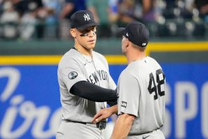 May 27, 2026; Kansas City, Missouri, USA; New York Yankees right fielder Aaron Judge (99) celebrates with first baseman Paul Goldschmidt (48) after the win over the Kansas City Royals at Kauffman Stadium.