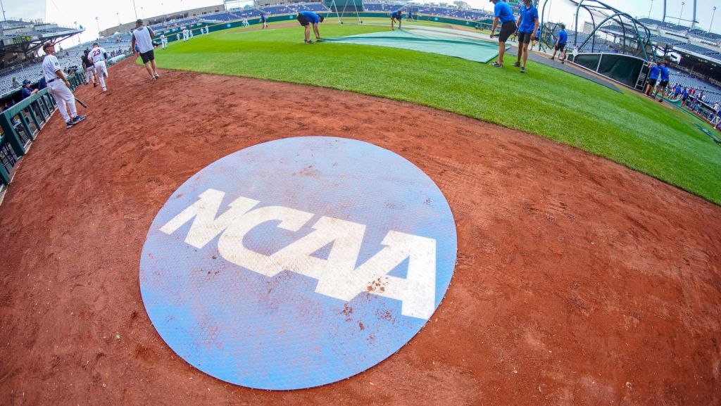Jun 18, 2023; Omaha, NE, USA; An on-deck circle with the NCAA logo is pictured on the field before the game between the Virginia Cavaliers and the TCU Horned Frogs at Charles Schwab Field Omaha