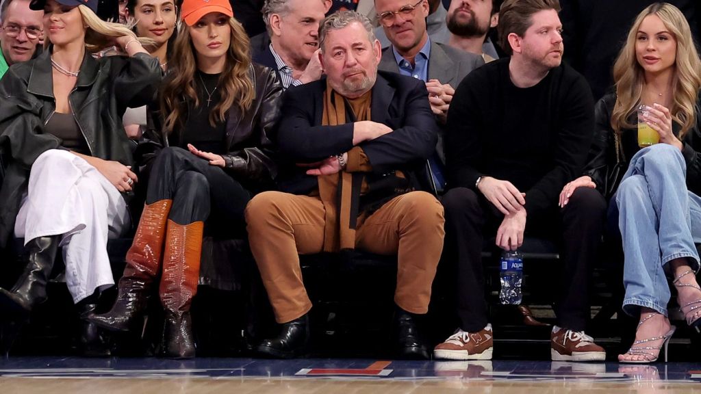 Apr 4, 2024; New York, New York, USA; New York Knicks executive chairman James Dolan sits court side during the first quarter against the Sacramento Kings at Madison Square Garden