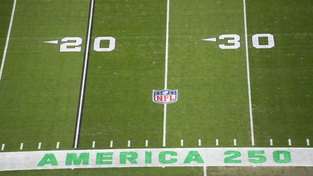 Jan 4, 2026; Paradise, Nevada, USA; The America 250 and NFL shield logos on the field at Allegiant Stadium