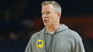 Apr 3, 2026; Indianapolis, IN, USA; Michigan Wolverines head coach Dusty May looks on during a practice session ahead of the Final Four of the men's 2026 NCAA Tournament at Lucas Oil Stadium. Mandatory Credit: Robert Deutsch-Imagn Images
