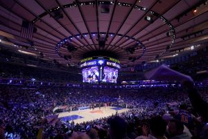 Apr 28, 2026; New York, New York, USA; General view of Madison Square Garden as fans wave their rally towels during the first quarter of game five of the first round of the 2026 NBA Playoffs between the New York Knicks and Atlanta Hawk